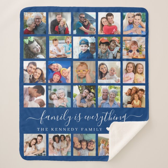 Simple 25 Photo Collage Quote Family Name Blue Sherpa Blanket (Front)