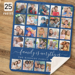 Simple 25 Photo Collage Quote Family Name Blue Sherpa Blanket
