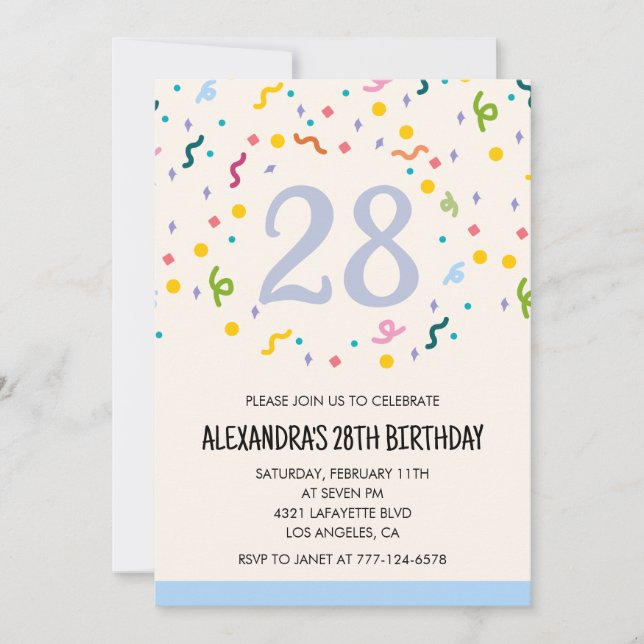 Simple 28th birthday invitations Confetti Modern (Front)