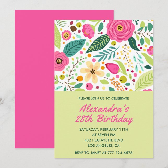 Simple 28th birthday invitations Floral Colourful  (Front/Back)