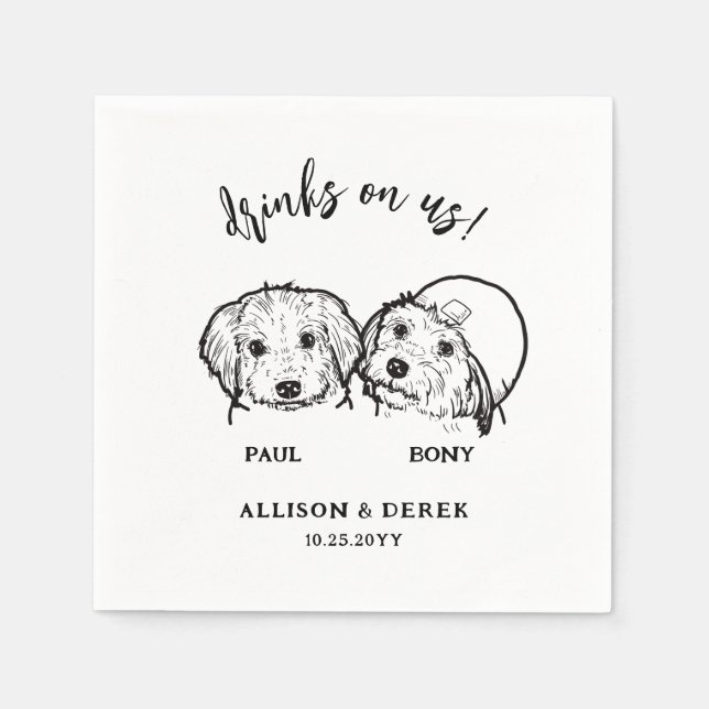 Simple 2 Dog Faces Pet Drinks on Us Wedding Napkin (Front)