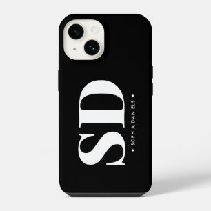 Simple 2 Monogram Initial Retro Black White iPhone 14 Case