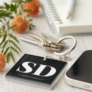Simple 2 Monogram Initial Retro Black White Key Ring