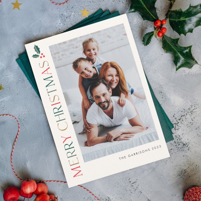 Simple 2 Photo Colourful Merry Christmas Holiday Card (Elegant and modern colorful Merry Christmas vertical photo holiday cards.)