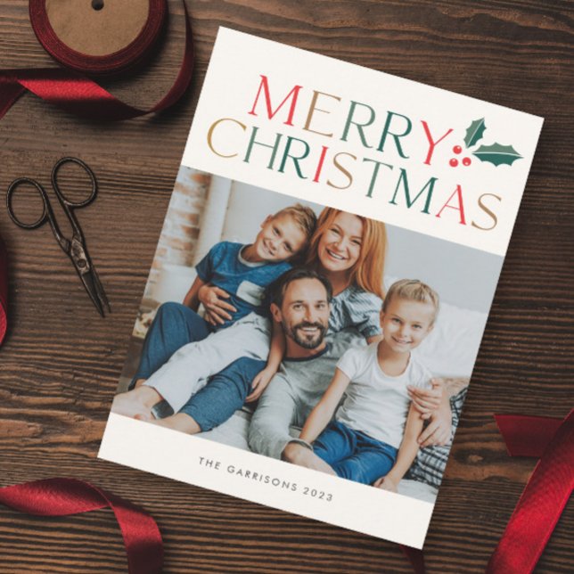 Simple 2 Photo Colourful Merry Christmas Holiday Card (Modern Elegant Colorful Merry Christmas Greenery Photo Holiday Card.)