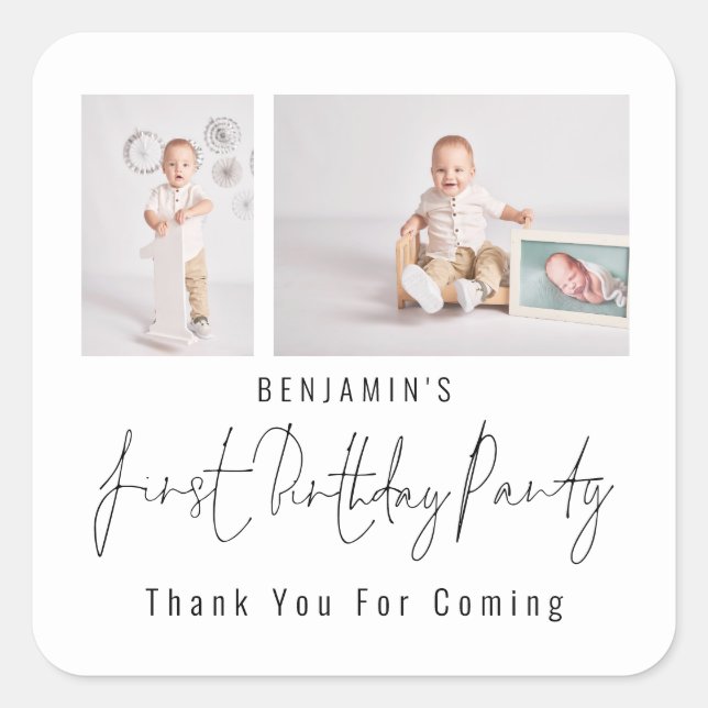 Simple 2 Photo Script First Birthday Party Thanks Square Sticker (Front)