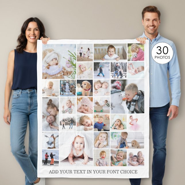 Simple 30 Photo Collage Custom Colour and Text Fleece Blanket (Creator Uploaded)