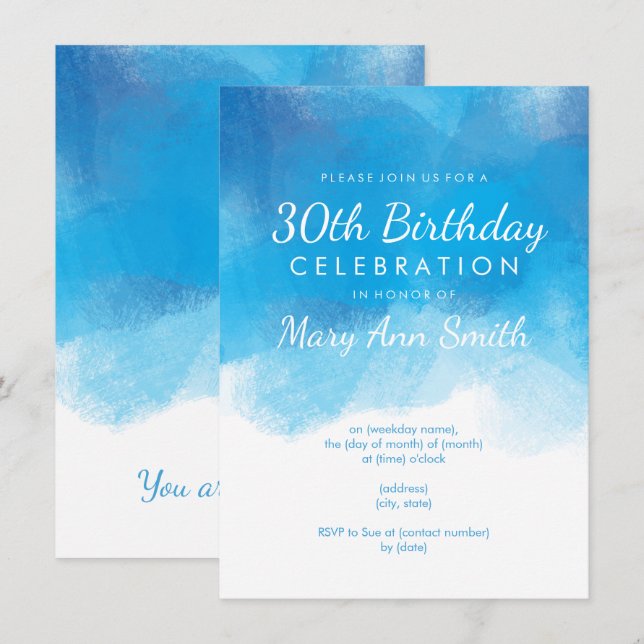 Simple 30th Birthday Party Blue Watercolor Invitation (Front/Back)