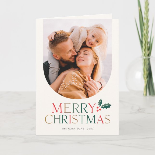Simple 3 Photo Arch Colourful Merry Christmas Card (Front)