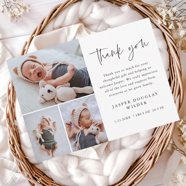 Simple 3 Photo Baby Thank You Card (Simple 3 photo collage baby announcement thank you cards.)