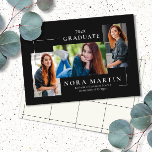 Simple 3 Photo Black White Announcement