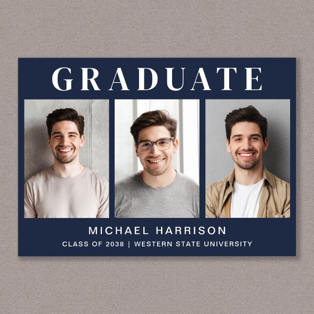 Simple 3 Photo Blue Graduation Announcement (Cherish the milestone: share your graduate's achievement with a custom photo graduation announcement)