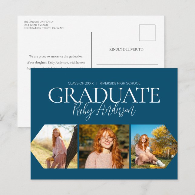 Simple 3 Photo Blue Graduation Announcement Postcard (Front/Back)