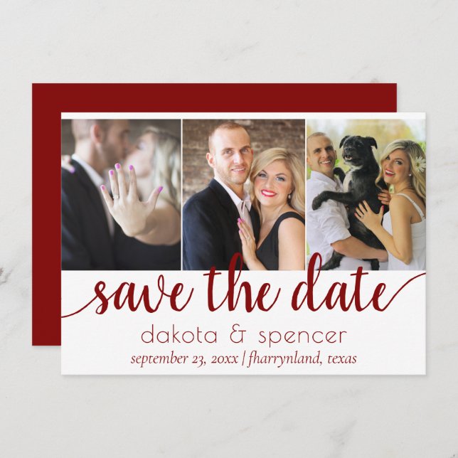 Simple 3 Photo - Classic Crimson Red Wedding Save The Date (Front/Back)