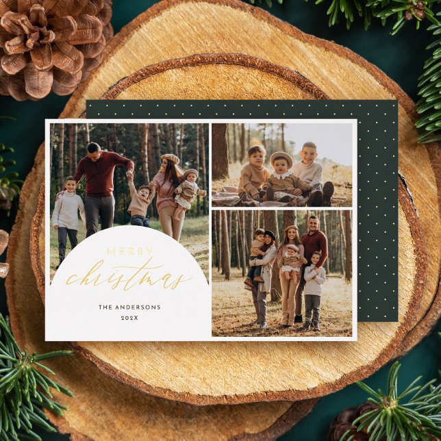 Simple 3 Photo Collage Arch Merry Christmas Photo  Foil Holiday Card (Creator Uploaded)