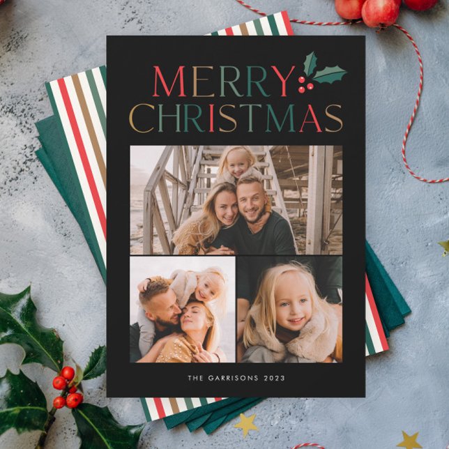 Simple 3 Photo Collage Colourful Merry Christmas Holiday Card (Rustic Merry Christmas 3 Photo Collage Holiday Card with Colorful Type and Holly Accent.)