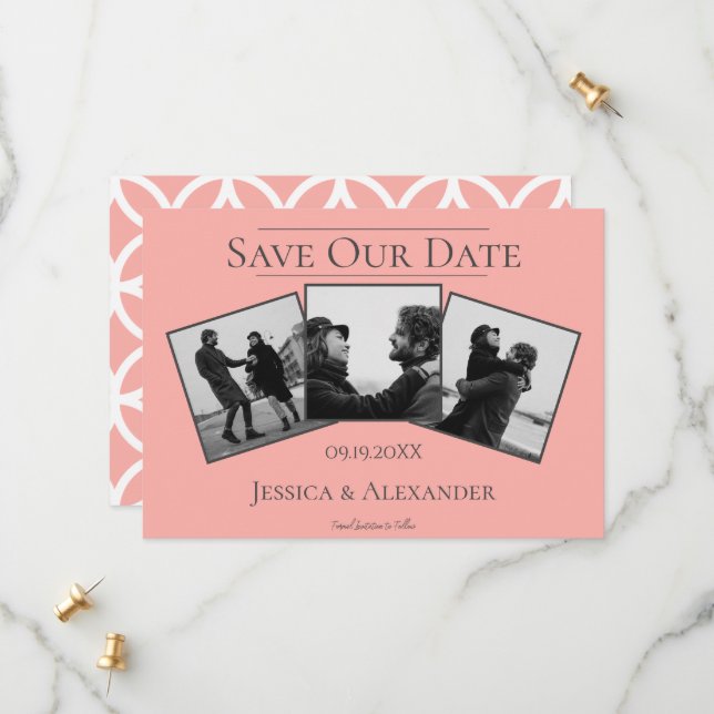 Simple 3 Photo Collage | Coral Save The Date (Front/Back In Situ)