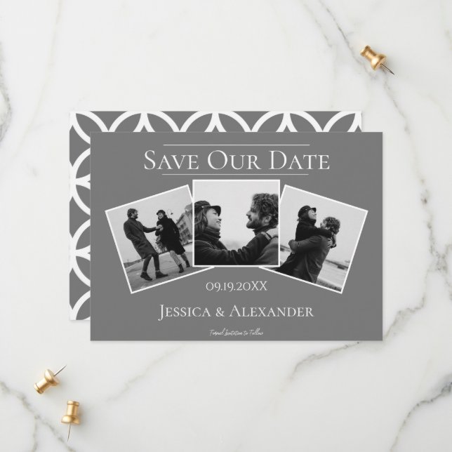 Simple 3 Photo Collage | Grey Save The Date (Front/Back In Situ)