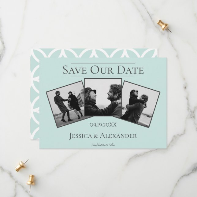 Simple 3 Photo Collage | Mint Green Save The Date (Front/Back In Situ)