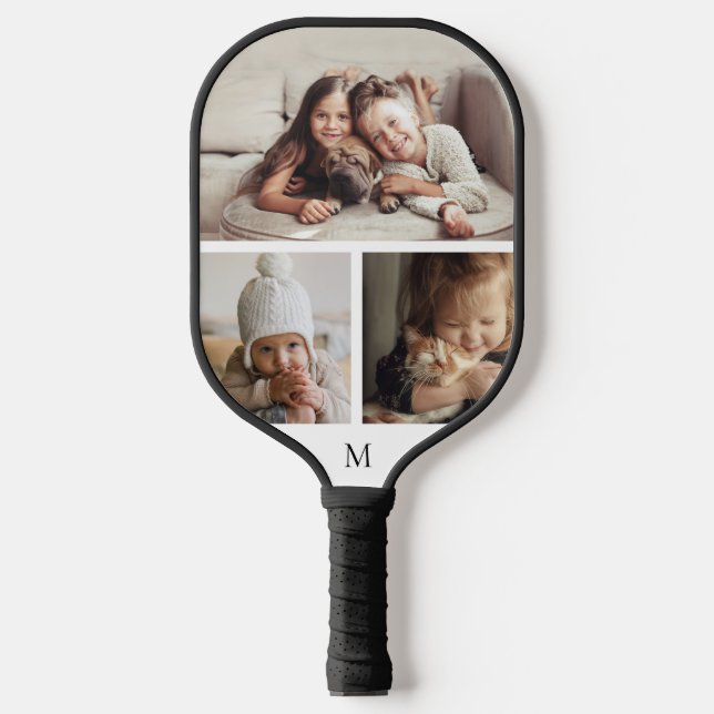 Simple 3 Photo Collage Monogram  Pickleball Paddle (Front)
