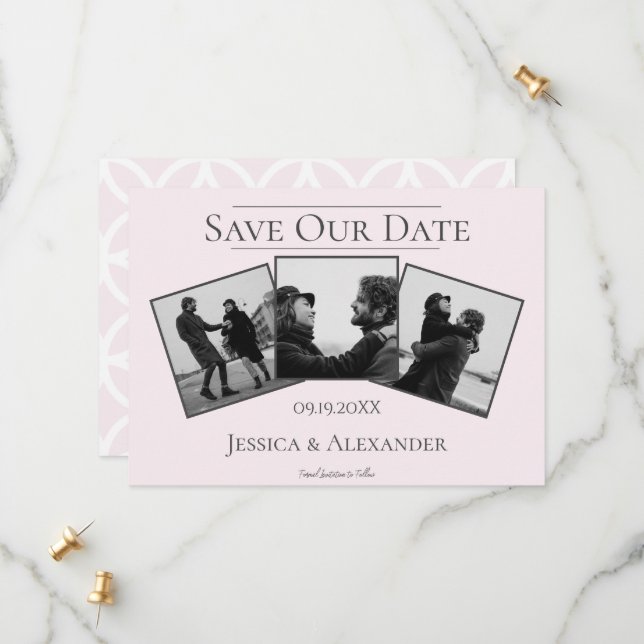 Simple 3 Photo Collage | Pink Save The Date (Front/Back In Situ)