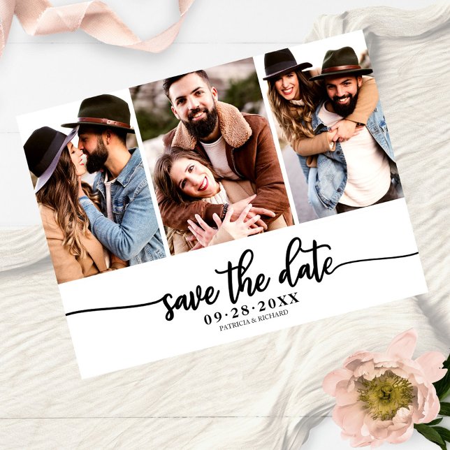 Simple 3 Photo Collage Wedding Save The Date Postcard (Creator Uploaded)