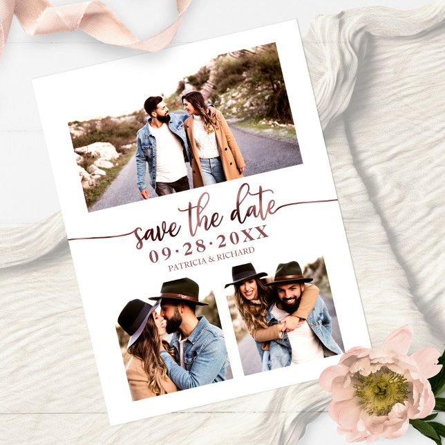 Simple 3 Photo Collage Wedding Save The Date Postcard (Creator Uploaded)