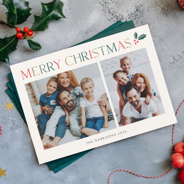 Simple 3 Photo Colourful Merry Christmas Holiday Card (Simple 3 photo colorful typography merry christmas holiday card.)