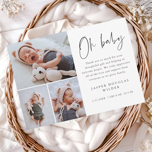 Simple 3 Photo Oh Baby Thank You Card (Simple 3 photo oh baby announcement thank you cards.)