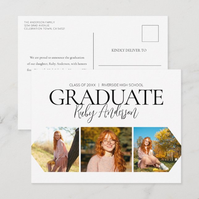 Simple 3 Photo White Graduation Announcement Postcard (Front/Back)