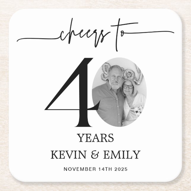 Simple 40th Anniversary Photo Square Paper Coaster (Front)