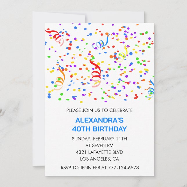 Simple 40th birthday invitations Confetti Rainbow (Front)