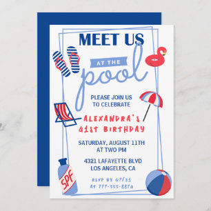 Simple 41st birthday invitations Pool Party Summer
