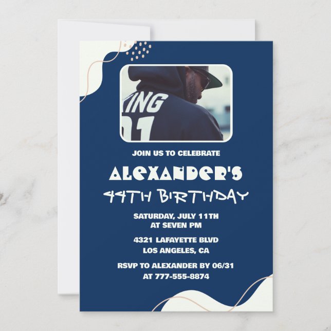 Simple 44th birthday invitations Men Photo Navy (Front)