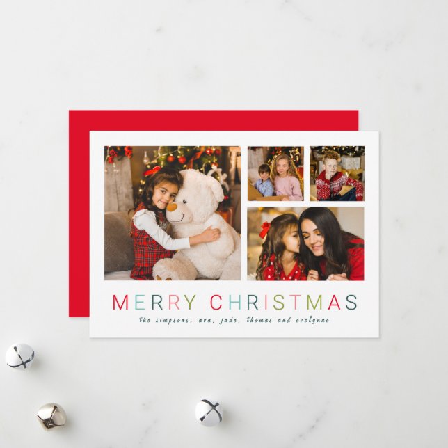 Simple 4 photo collage Merry Christmas Colourful  Holiday Card (Front/Back In Situ)