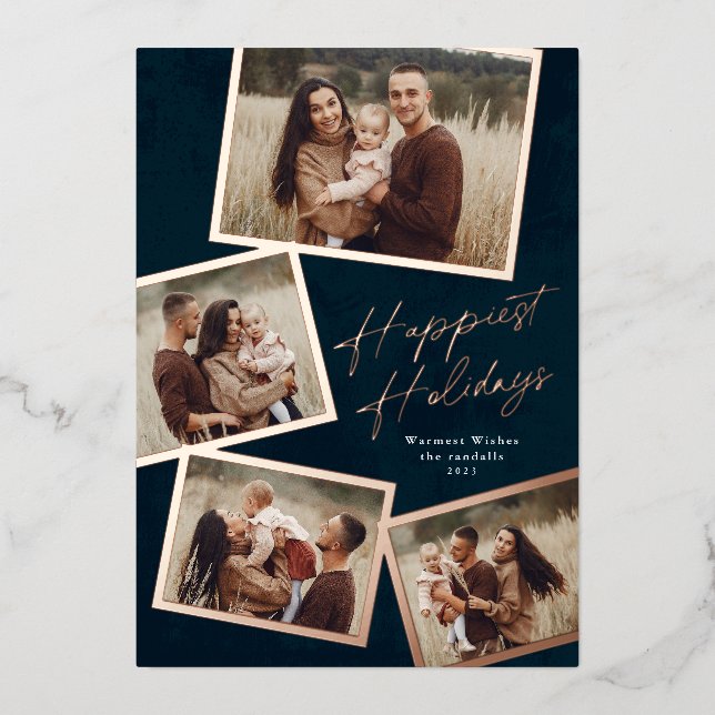 Simple 4 Photo Collage Script  Foil Holiday Card (Front)