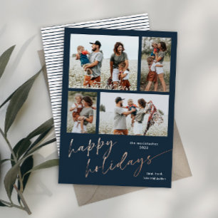 Simple 4 Photo Collage Script Happy Holidays Foil Holiday Card