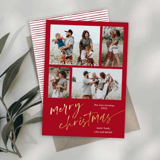 Simple 4 Photo Collage Script Merry Christmas  Foil Holiday Card (Modern simple script merrry christmas 4 photo collage gold foil holiday card.)