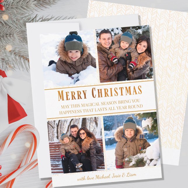 Simple 4 Photo Collage White Gold Merry Christmas Holiday Card (Creator Uploaded)