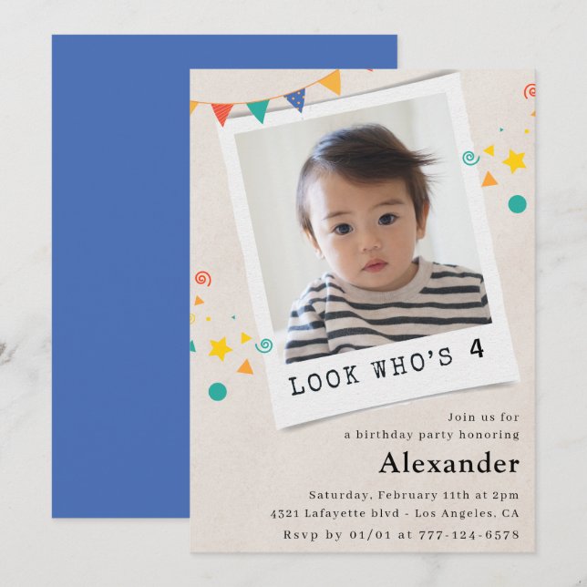 Simple 4th birthday invitations Blue Photo (Front/Back)