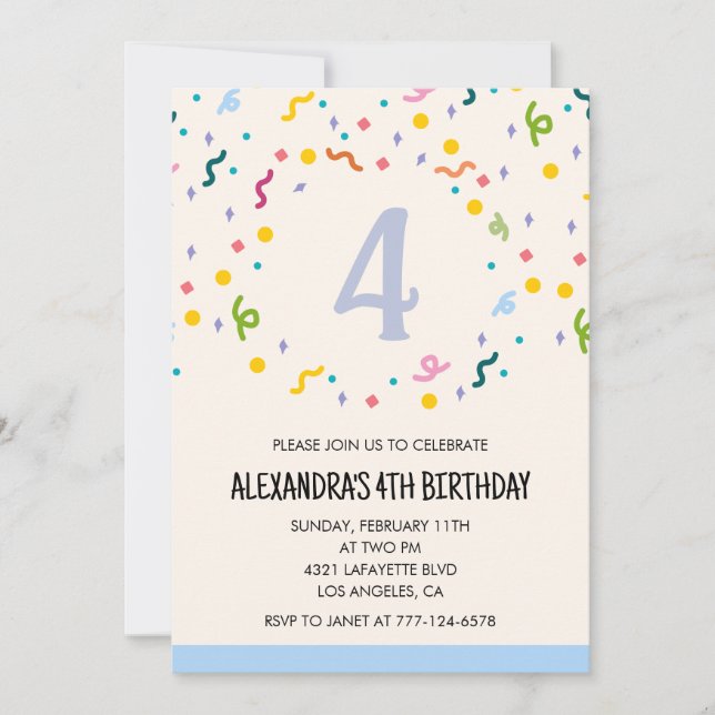 Simple 4th birthday invitations Confetti Modern (Front)