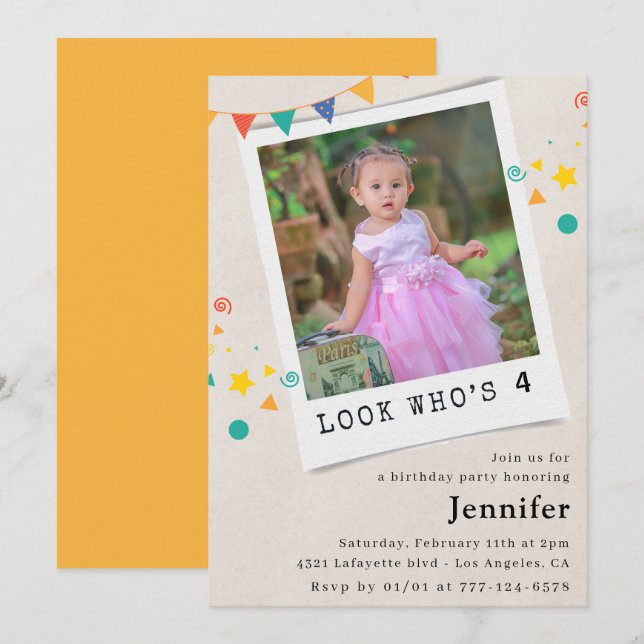 Simple 4th birthday invitations Girl Orange Photo (Front/Back)