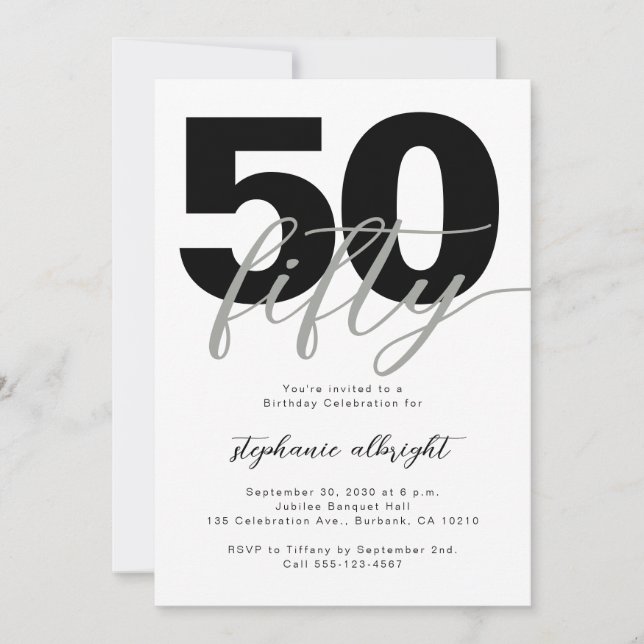 Simple 50 and Fabulous Script 50th Birthday Party Invitation (Front)