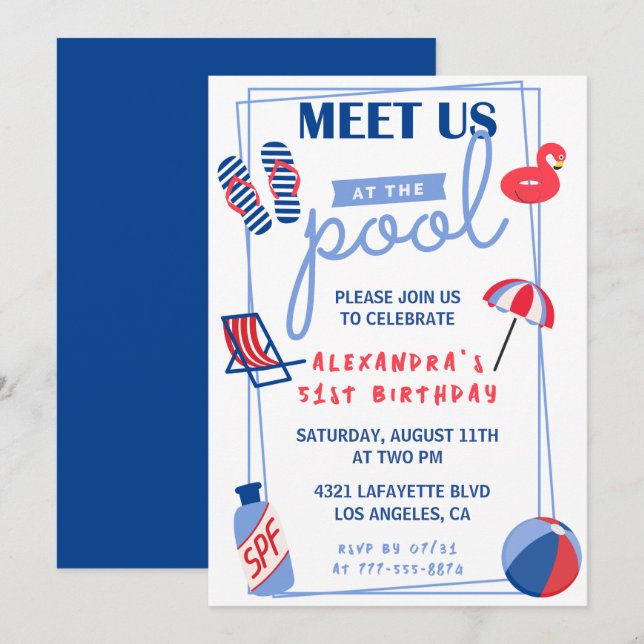 Simple 51st birthday invitations Pool Party Summer (Front/Back)