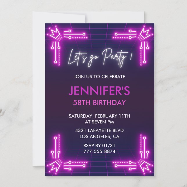 Simple 58th birthday invitations Girl Pink Neon  (Front)