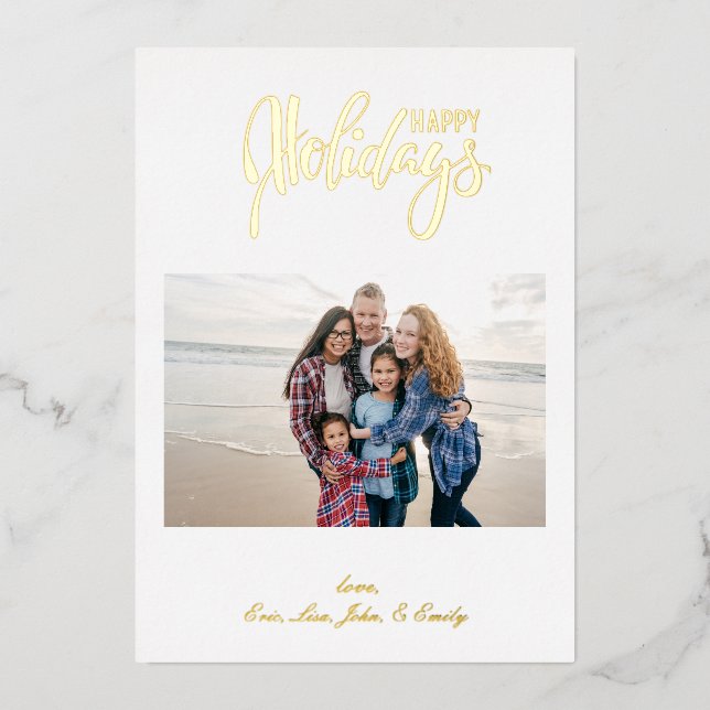 Simple 5 Photo Happy Holidays Family  Foil Holiday Card (Front)