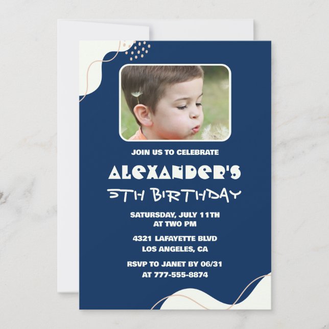 Simple 5th birthday invitations Boy Photo Navy (Front)