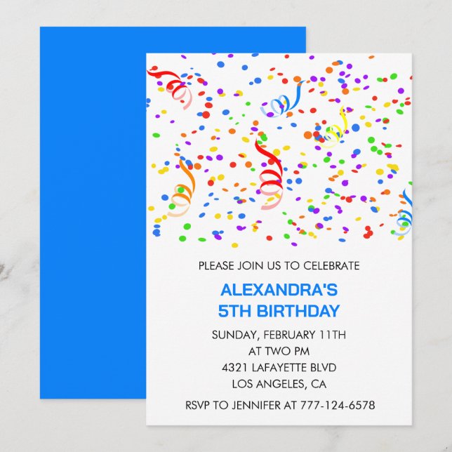 Simple 5th birthday invitations Confetti Rainbow (Front/Back)