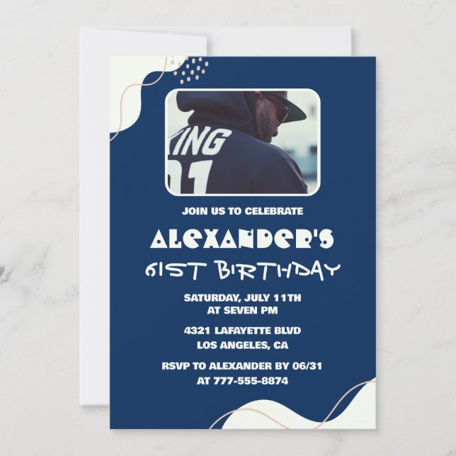 Simple 61st birthday invitations Men Photo Navy (Front)