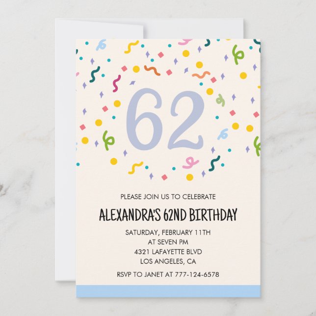 Simple 62nd birthday invitations Confetti Modern (Front)